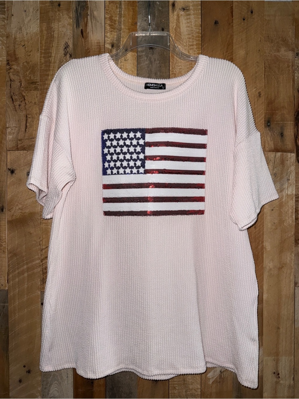 HEIMISH USA Pale Pink Waffle Knit Ribbed Tee with Sequin Flag Panel